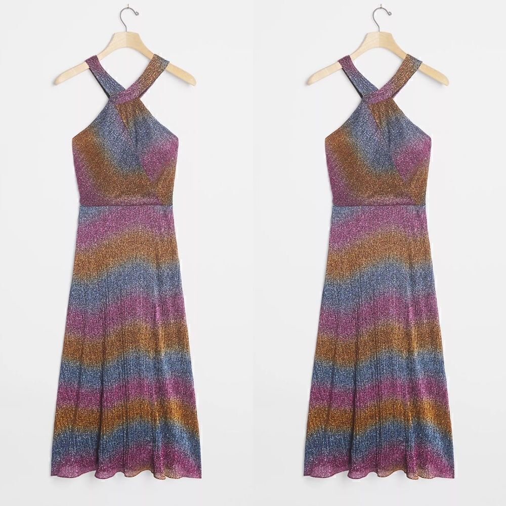 Anthropologie ML Monique Lhuillier Rainbow Shimmer Midi Dress